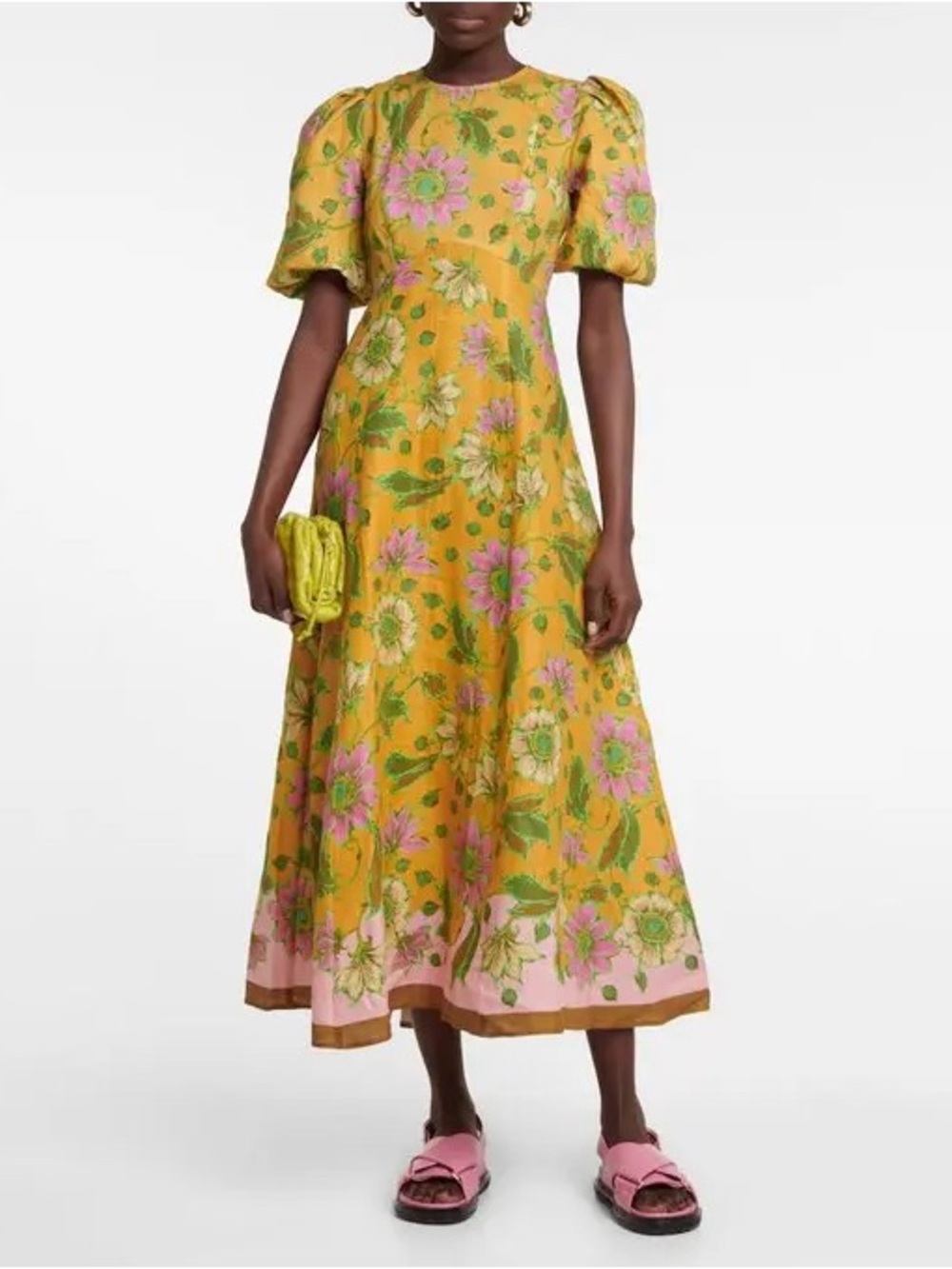 Alemais Mustard Yellow Floral Maxi Dress with Puff Sleeves
